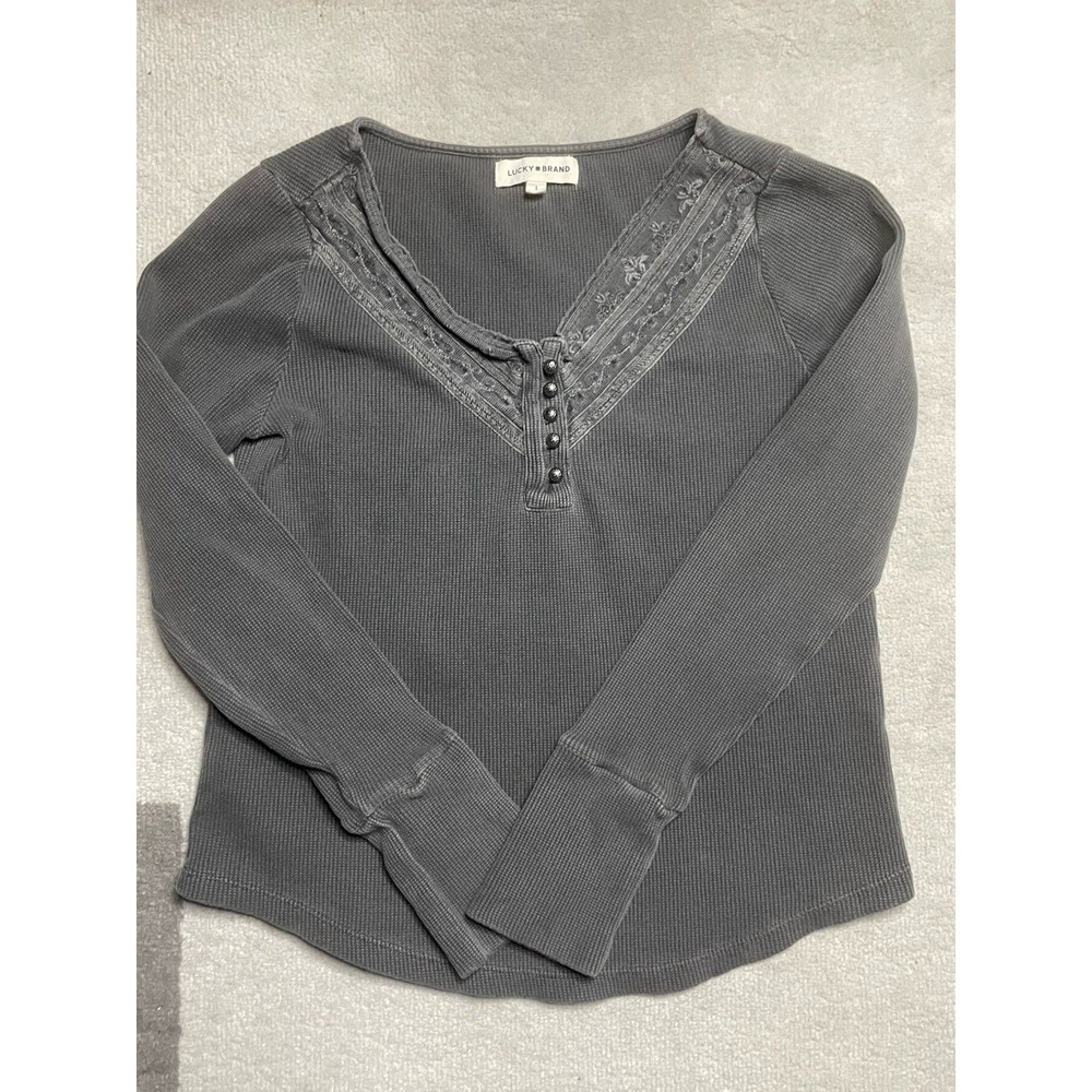 Lucky Brand Gray Waffle Knit Henley Long Sleeve Top Women's Size L Boho Cabin